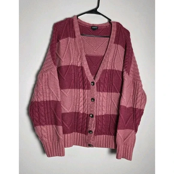 Torrid Cardigan Sweater Plus Size 3X Pink Striped Cable Knit Button Front - Picture 2 of 5